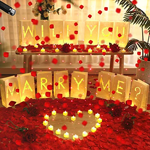2051 Pcs Will You Marry Me Sign Proposal Decorations, 15 Luminary Paper Bags 2000 Rose Petals 36 Romantic Love Candles with USB Romantic Night Light for Proposal Engagement Wedding Party (Warm White)