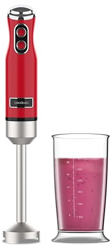 Cecotec Batidora de Mano Retro Power RetroRed 1200MAX. 1200W Potencia Máxima, Cuchilla de 4 Hojas con Recubrimiento de Titanio Negro, 2 Velocidades, Vaso de 0,5L, Diseño Vintage