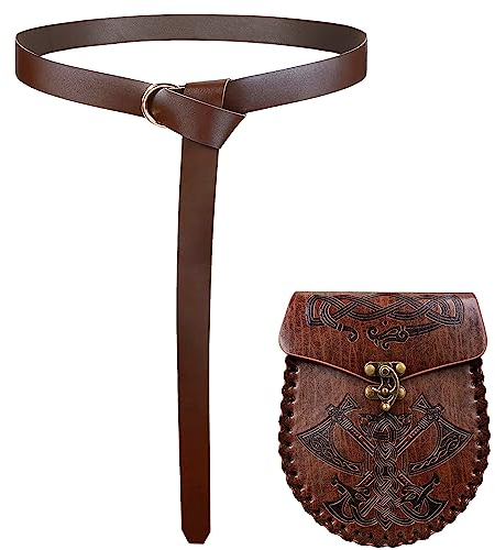 keland 2PCS LARP Zubehör Piraten Wikinger Leder Gürtel & Mittelalter Tasche Würfelbeutel Ledertasche (Braun-004)