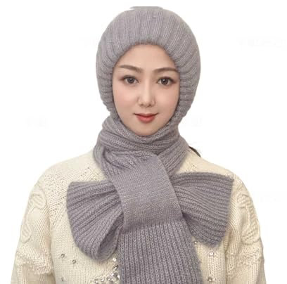 WIWIDANG Integrierter Gehörschutz Winddichte Mütze Schal, Kapuzenschal für Frauen Winter, Winter Warme Strickmütze Schal (DE/NL/SE/PL, Alphanumerisch, S, XXL, grau)