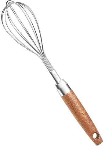 EVNSIX Stainless Steel Wire Cooking Whisk, Multi Function Kitchen Hand Whisk Non Stick Balloon Whisk Egg Beater for Blending Whisking Beating Frothing Stirring Batters,Wooden Handle (11L x 2.1W)