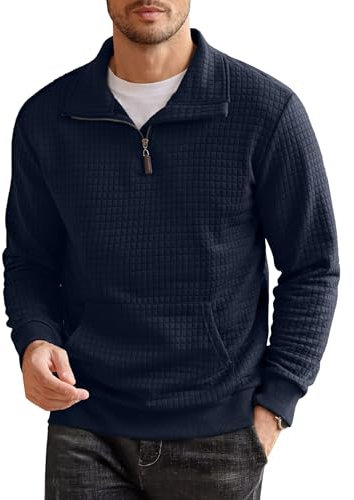 COOFANDY Herren Pullover mit Reißverschluss Waffel Casual Pullover Ohne Kapuze Winter Herren mit Taschen Marineblau XL