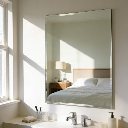 Artloge Medium Frameless Bathroom Wall Mirror 70 x 50cm Plain Edge Silver | High Clarity Distortion Free Rectangle Wall Mirrors with 3 Hangers for Over Sink Vanity, Hanging Vertically or Horizontally