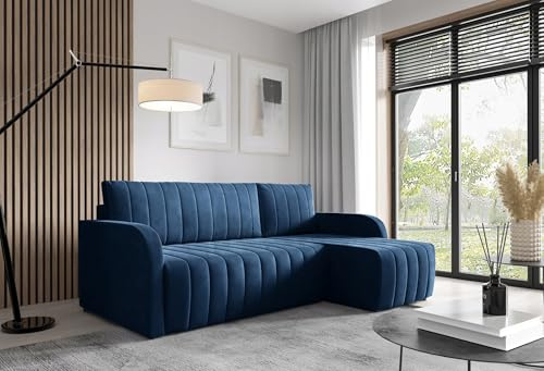 LIKMA Canapé d'angle Otto Bleu Marine en L 224 cm – Marron Clair – Canapé Moderne en Velours avec Fonction Lit – Convertible avec Coffre de Rangement – Canapé d'angle avec Espace de Stockage