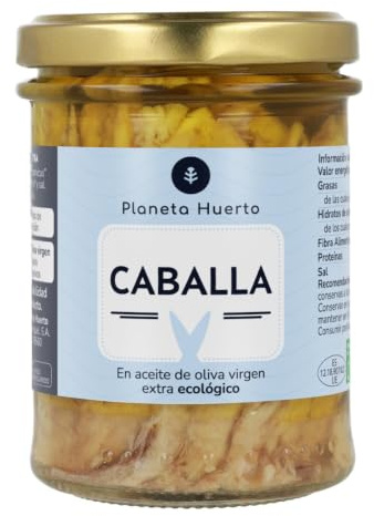 PLANETA HUERTO | Caballa en Aceite de Oliva Virgen Extra Ecológico 190 g, Conserva Gourmet Natural - Caballa en Aceite Rica en Omega-3 y Proteínas, en Tarro de Vidrio Sostenible