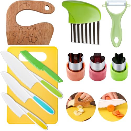 Lot de 11 couteaux de cuisine pour enfants - plastique sans danger Sécurité de Cuisine Couteau Montessori pour couper et cuire des fruits ou légumes Planche à découper Éplucheur en Y-Emporte-pièces