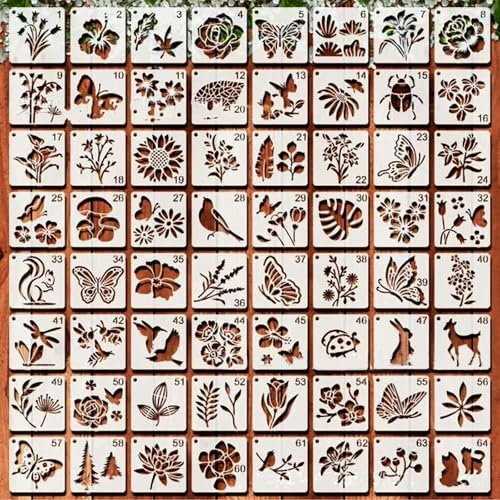 64 Pcs Animals and Plants Stencils Set, Reusable for Crafts for Painting on Wood Wall Scrapbook Journal DIY Crafts and Home Decor