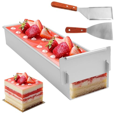 Yuragim Rectangular Baking Frame, Adjustable Mousse Cake Mould, Aluminium Alloy Baking Mould Rectangular with 2 Spatulas, Cake Mould Square for Baking and Decorating, for Cake Preparation, Bread