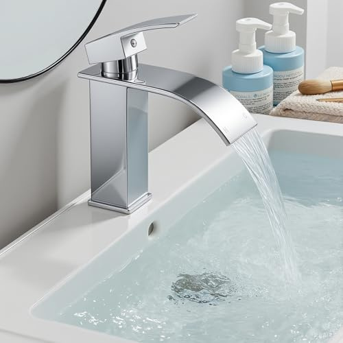 VONATES Bathroom Taps, 304 Stainless Steel Waterfall Tap with Ceramic Valve Cartridge, 60cm G1/2 Hoses, Easy to Install, Waterfall Faucet