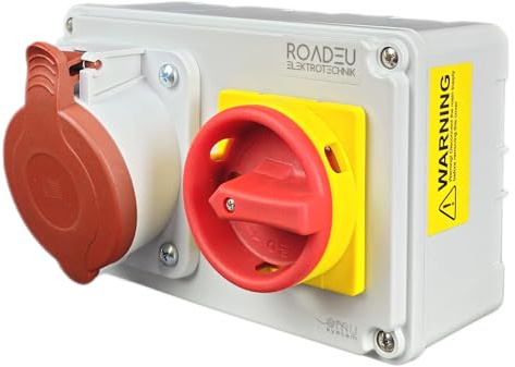 RoadEu - Prise CEE 32A 5 broches avec interrupteur principal 0-1 - Distributeur de courant triphasé IP44 pour montage mural - avec verrouillage d'accès - pour atelier, chantier, industrie