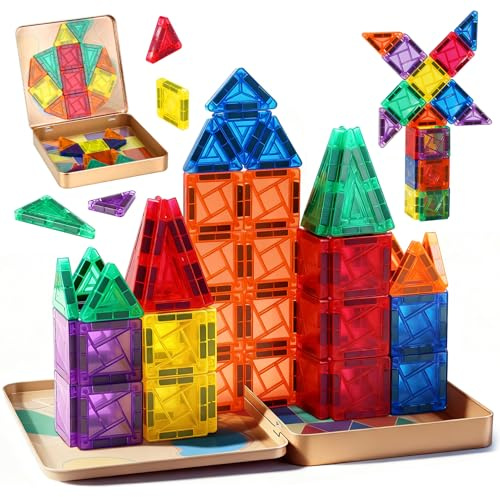 Dreamon 60PCS Mini Magnetische Bausteine Magnetbausteine Kinder Reiseset ab 3 4 5 6 Jahre Junge Mädchen Weihnachten STEM Magnetic Blocks