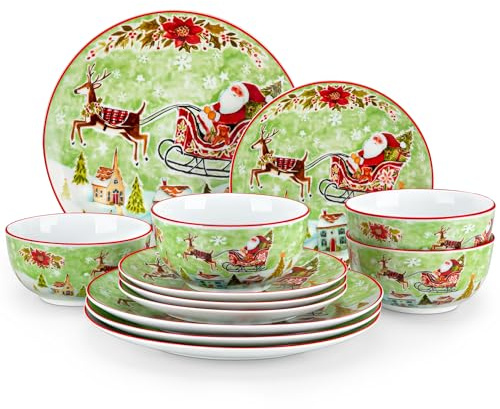 VEWEET, Serie XMAS, 12-teiliges Weihnachtsgeschirr Set für 4 Personen Tafelservice aus Porzellan, Kombiservice mit Müslischalen, Dessertteller und Speiseteller