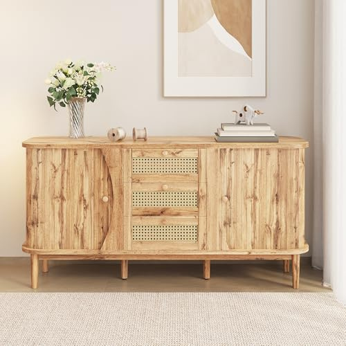 LULUWA Buffet avec portes coulissantes 140,5x40x76cm, commode en rotin avec étagères réglables et plateau arrondi Commode armoire placard pour vaisselle (Bois)