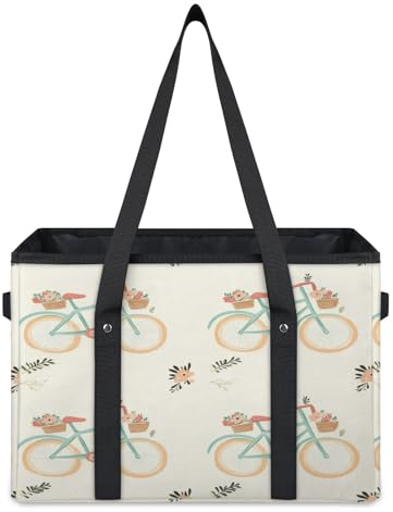 TropicalLife Flowers Bicycle Reusable Grocery Bags, Foldable Shopping Bags for Groceries, Fabric Storage Bins Basket
