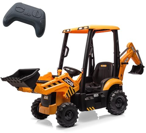 Zstar Tracteur de Chantier Électrique 4 en 1 12V pour Enfants, Transformable Excavatrice Bulldozer, Télécommande Parentale 2,4G, Klaxon, Toit Amovible, Jouet Adapté à l’Extérieur, Couleur Jaune
