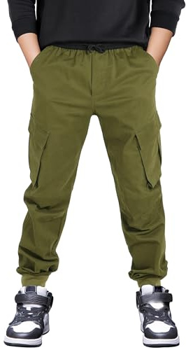 CAMLAKEE Pantaloni Jogger Bambino con Elastico in Vita, Pantalone Cargo da Ragazzo, Verde Militare, 12-13anni