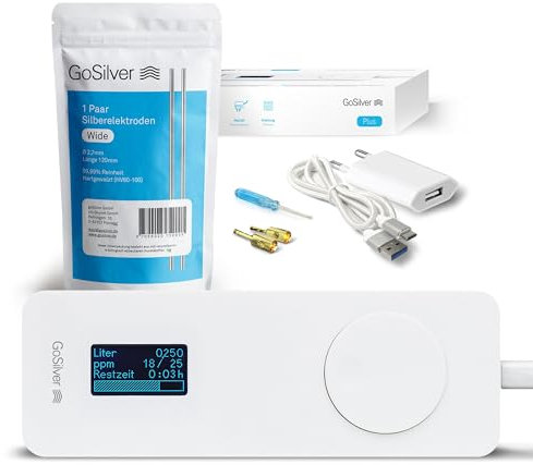 GoSilver® Plus Set – Generador de plata, pantalla, totalmente automático (incluye 1 par de electrodos plateados amplios)