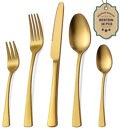 Bestdin set av guldfärgbelagt bordsbestick för 6 personer, rostfritt stål besticksset med 30 delar, Innehåller knivar/gafflor/skedar, matt finish och diskmaskinställt, enkelt att rengöra