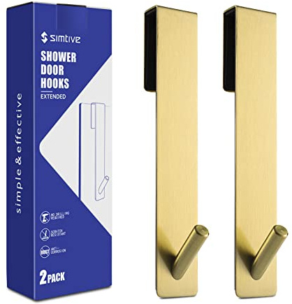 Simtive Extended Shower Door Hooks (7-Inch), Over Door Hooks for Bathroom Frameless Glass Shower Door, Towel Hooks, 2-Pack, Gold