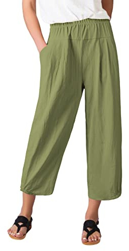 TOMEEK Pantacourt Femme Été en Lin Sarouel Pantalon Fluide Large Femme avec Poches Ample Capri Taille Haute en Coton, Vert Militaire, Taille M