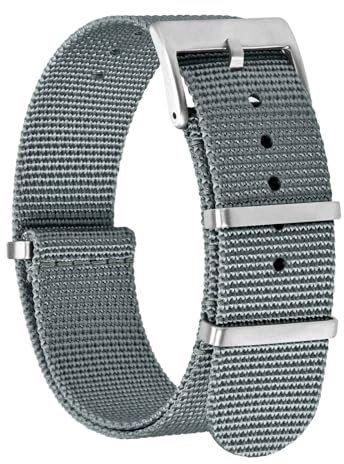 BISONSTRAP Nylon Uhrenarmband für Herren, Einteilige Militär Armband, 20mm, Grau (Silberne Schnalle)