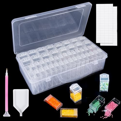 Kiperline Cajas de accesorios de pintura de diamantes, 48 unidades, caja de almacenamiento de pintura de diamantes 5D con 128 etiquetas para diamantes, perlas y otros accesorios de bricolaje