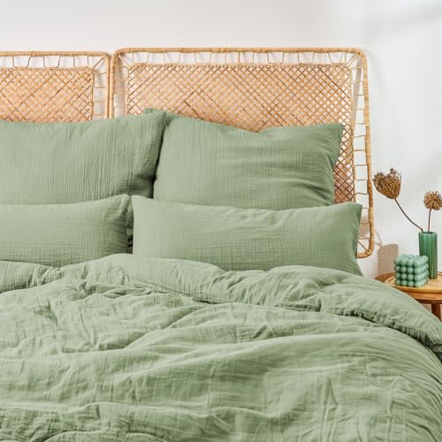 Blumtal Biancheria da letto estiva in mussola, 200 x 200 cm + 2 x 40 x 80 cm, Oeko-TEX, in 100% cotone, extra morbida, lavabile a 40 °C, colore: verde