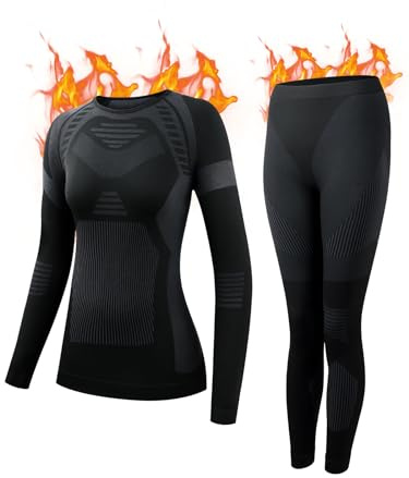 KENEGX Thermal Underwear Set Womens，Ski Base Layers Women Set, Quick Dry Thermal Underlayer，Ladies Thermal Clothing & Leggings for Running Skiing Cycling Workout Black
