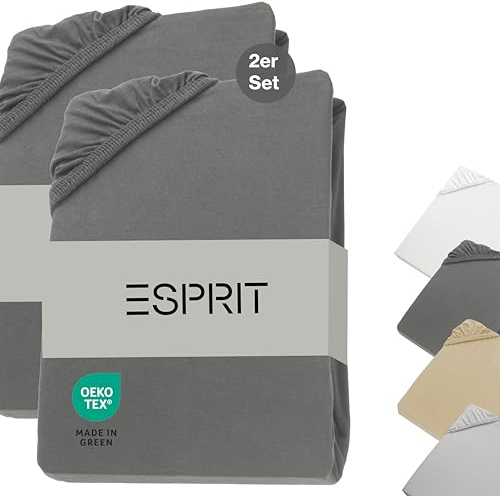 Esprit Lenzuolo con angoli elasticizzati in jersey, confezione da 2, 140x200 cm fino a 160x200 cm, in spugna - Lenzuolo 160 x 200 in cotone antracite - Lenzuola con angoli elasticizzati di lusso per