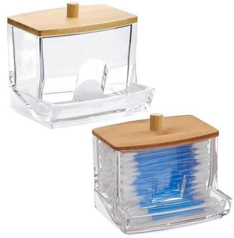 banjiabb Wattestäbchen Behälter,Wattestäbchen Spender,Wattestäbchen Box,Ohrenstäbchen Aufbewahrung Mit Bambus Deckel,Acryl Wattepads Aufbewahrung Fur Wohnzimmer Schlafzimmer Badezimmer