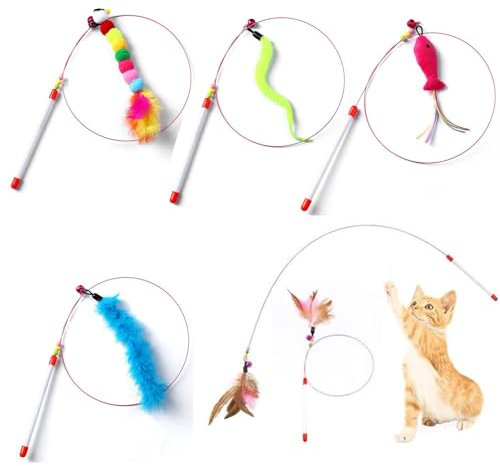 CAMITER 5 x Katzenspielzeug mit Federn, Katzenspielzeug, Federball, Mäuse, Fisch, interaktives Spielzeug, Katzenspielzeug