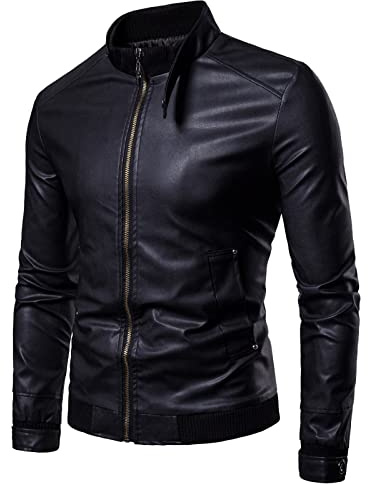 Giacca Pelle Uomo, Leggera Sottile con Tasca sulle Maniche Giubbotto Bomber Giaccone Giacca Chiodo Pelle Biker Motociclista Giacca Pelle Uomo Primavera Giacca Uomo Mezza Stagione Faux Leather Jacket