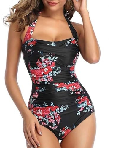 DAVBNM Women One Piece Swimsuit Tummy Control Swimwear, Square Halter Neck Swimming Costume, Adjustable Straps Bathing Suit, Ladies Ruched Monokini Black
