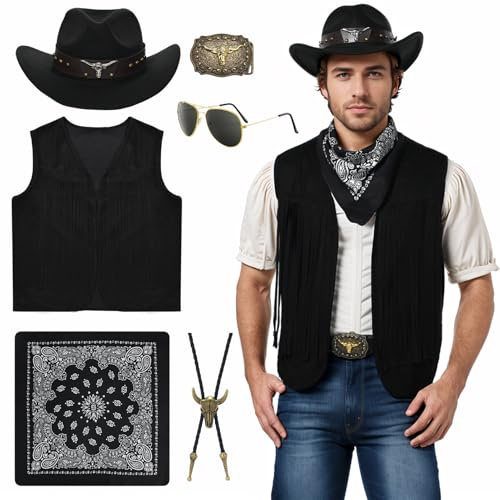Celvibe - Déguisement de cowboy pour homme, ensemble de costume western avec veste à franges, chapeau, foulard et lunettes, déguisement hippie pour homme pour carnaval Halloween Cosplay (Noir, M)