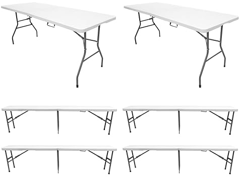 The Homeweeks Pack 2 Mesas Plegables con 4 Bancos Solid 180cm | Portátiles Normativa Uso público Interior/Exterior | Capacidad 6/8 Personas | Carga 150 kg por Mesa 300 kg por Banco Multiusos jardín