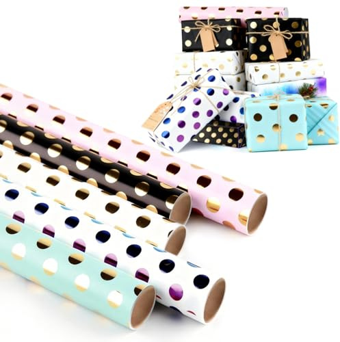 Pmueuff 5 Rotoli Carta Regalo, 43 * 300cm Carta da Regalos Pois Dorata Carta Regalo Rotolo per Adulti e Bambini Carte per Incartare Regali Classico per Compleanni,Matrimoni,Baby shower, Feste e Regali
