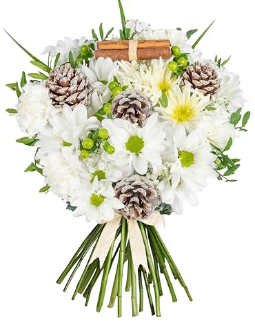 Winter Snow Bouquet – Fresh Christmas Flowers with Chrysanthemums, Carnations, Pinecones & Cinnamon – Handcrafted Holiday Floral Gift – Festive Seasonal Arrangement for Any Occasion (Large)