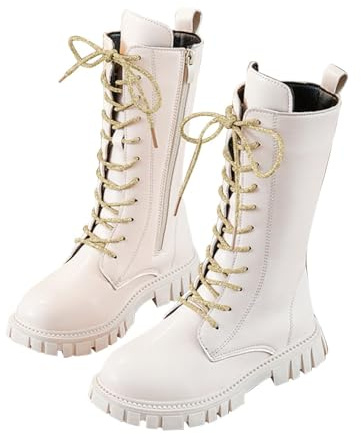 Girls Knee High Boots Kids Lace Up Side Zipper Sweet Steampunk Style Thick Rubber Sole Stitching Faux Leather School Shoes Waterproof Combat Shoes with Gold Laces, for 4-12 Years