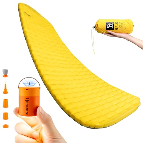 Qunature Colchoneta Inflable Aislante Ultraligera Valor 5R (490g, 8cm Grosor, -20℃) + Mini Bomba Eléctrica 400L/min, 5kPa con Batería 1500mAh Recargable para Inflar y Desinflar - Ideal para Camping, S
