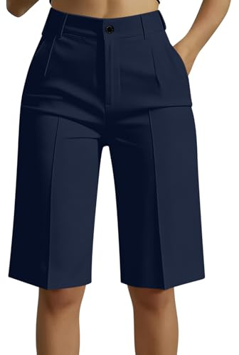 Women's Tailored Shorts, High Waisted Stretch Slim Fit Zip Fly Bermuda Shorts Smart Elegant Casual Classic Solid Color Knee Length Ladies Short Trousers for Office Work Business Navy
