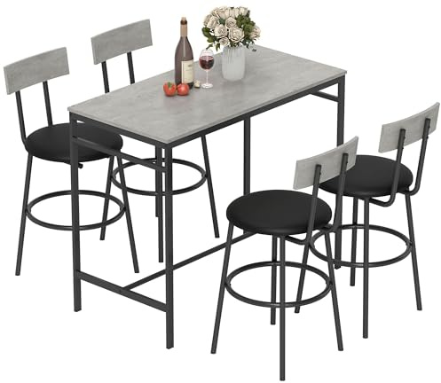 HOMCOM Ensemble Table de Bar avec 4 Tabourets, Gris | Table à Manger Haute avec Chaises, Repose-Pieds, Structure en Acier, Style Industriel