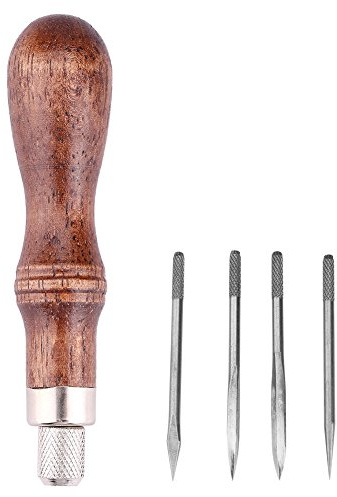 Fdit 4 in 1 Manico in Legno, Kit da Cucito in Pelle, punteruolo diamantato, Strumento Fai da Te per Cuoio, Cucito a Mano