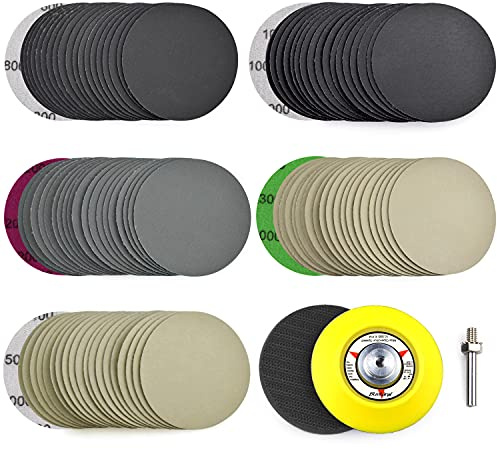 POLIWELL 3 Inch (75mm) Assorted 800/1000/2000/3000/5000 Grit Premium Heavy Duty Silicon Carbide Wet/Dry Hook & Loop Sanding Discs with 1/4 inch Shank Sanding Pad + Foam Buffering Pad, 100PCS