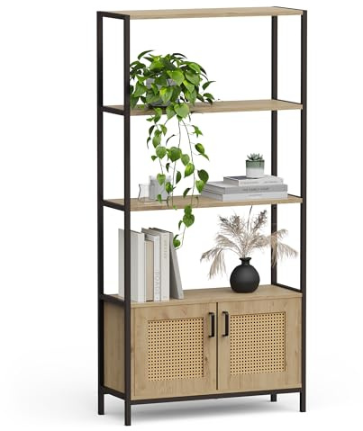 Vonhaus Bookcase - Book Shelf for Living Room - Rattan Effect Shelving Unit, Internal Storage & 3 Open Shelves - Scandi Look Hallway Bookshelf - Modern Light Wood Effect with Black Metal Legs, Lena