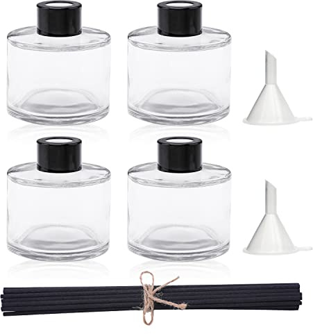 4 x Duftglas-Diffusor-Flaschen, nachfüllbare Flaschen mit 20 Schilfrohrstäbchen und schwarzen Kappen, Trichtern, Diffusor-Gläser für Zuhause, Ölduft, Dekoration, Geschenk für Mädchen
