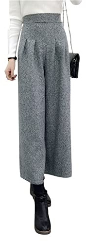 chouyatou Pantalones capri de invierno para mujer, cintura alta, pierna ancha, mezcla de lana, palazzo, culottes, Gris,claro, Large