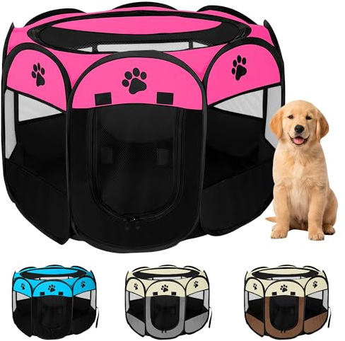 JUPPLIES Parque para Perros Plegable 73x73x43 cm – Corralito Portátil de Tela Oxford Impermeable para Mascotas Pequeñas - Ideal para Viajes, Juegos o Descanso en Casa y Exterior – Rosa