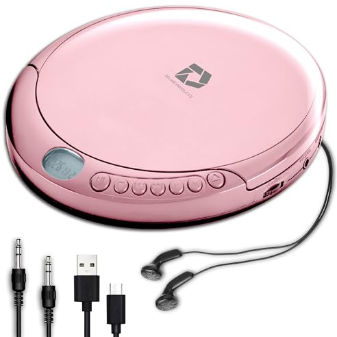Deluxe Products CD Player Portable with 60 Second Anti Skip, Stereo Earbuds, Includes Aux in Cable and AC USB Power Cable for use at Home or in Car. Pink