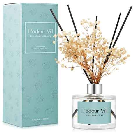 L'odeur Vill 200ml Difusor de con Flores secas/Ámbar marroquí/Ambientadores de Hogar, con 6 Palos difusores de Ambientador Varillas/difusor de Aromas/para Decoración de Baños y Estanterías.