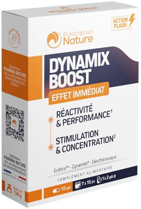 Prescription Nature - DYNAMIX BOOST - Complément Alimentaire Concentration, Mémoire et Fatigue Mentale, à Base de Plantes - 2 Actifs Brevetés - Fabrication Française - 15 Gélules